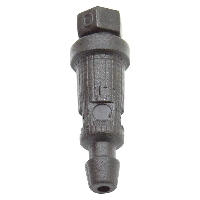 Gotero lineal - 2 l/h, 25 ud. - Pieza de plástico negra con cabeza cuadrada y extremo cónico, posiblemente un conector o adaptador para aplicaciones médicas.