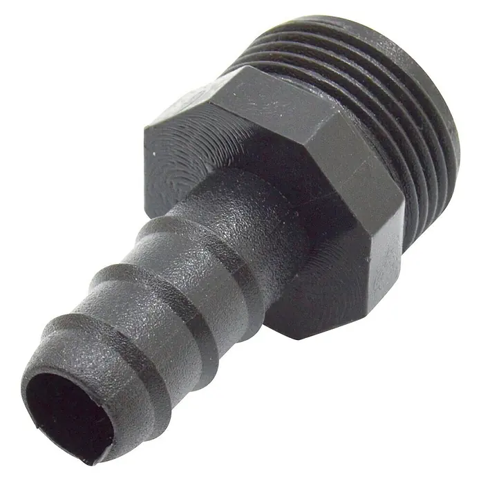 Conector para manguera goteo Macho - ¾″, 16 mm, Plástico - Adaptador de manguera de plástico negro con extremos roscados y acanalados para conexiones seguras.