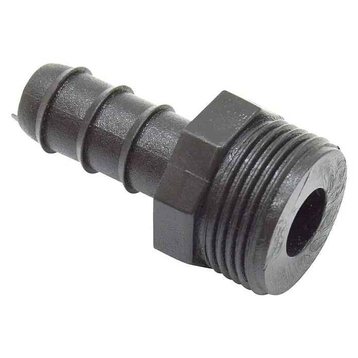 Conector para manguera goteo Macho - ¾″, 16 mm, Plástico - Conector de manguera de plástico negro con extremo estriado y rosca para una conexión segura y sin fugas.