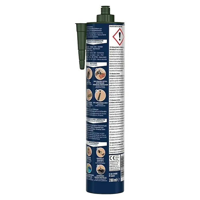 Sista Sanitär-Silikon Bad - Transparent, 280 ml - Detailansicht der Rückseite der Patrone mit Hinweisen zur Verwendung des Sanitärsilikons.