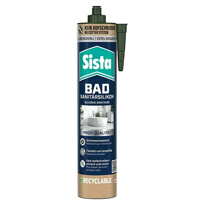Sista Sanitär-Silikon Bad - Silbergrau, 280 ml - Abbildung der Sista Bad Sanitärsilikon Kartusche in Silbergrau. Das Produkt ist schimmelresistent und flexibel für den Einsatz im Sanitärbereich.