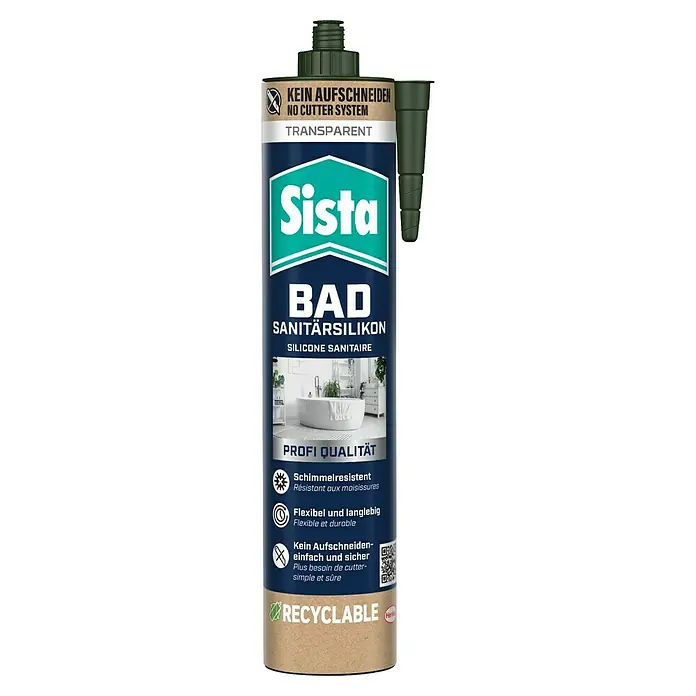 Sista Sanitär-Silikon Bad - Transparent, 280 ml - Abbildung einer Tube Sista Bad Sanitärsilikon, transparent und schimmelresistent, mit „Kein Aufschneiden“-System.