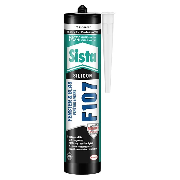 Sista Fenster-Silikon F107 - Transparent, 300 ml - Abbildung einer Sista F107 Silikon-Kartusche für Fenster und Glas, transparent, mit 95% recyceltem Kunststoff.