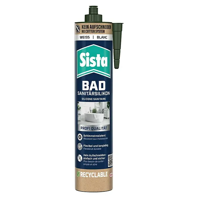 Sista Sanitär-Silikon Bad - Weiß, 280 ml - Produktabbildung eines Sista Bad Sanitärsilikon, weiß, mit "Kein Aufschneiden System", Profi Qualität, schimmelresistent und recycelbar.