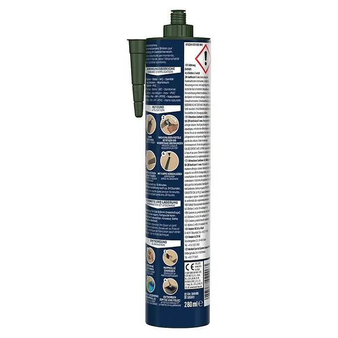 Sista Sanitär-Silikon Bad - Silbergrau, 280 ml - Nahaufnahme einer Silikonkartusche mit Anwendungshinweisen und Warnhinweisen auf der Etikette.