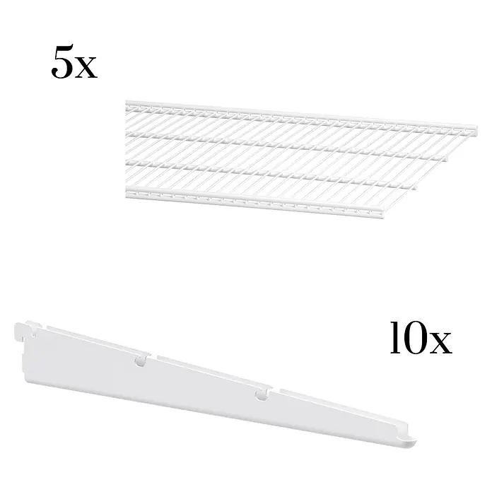 Elfa Classic by Elfa Gitterfachboden Set - L x B x H: 40 x 60 x 1,4 cm, Weiß, 15 -tlg. - Abbildung von fünf weißen Drahtböden und zehn weißen Regalböden, die für die Lagerung und Organisation verwendet werden.