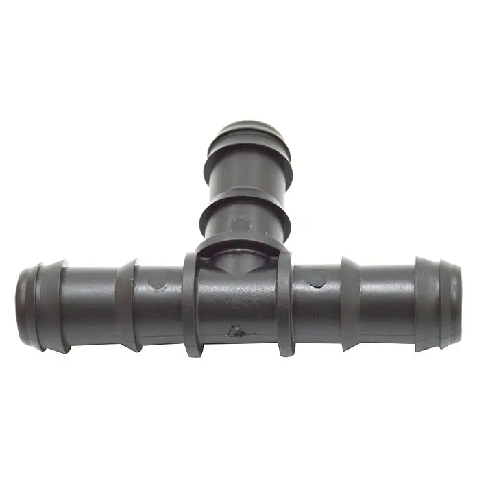 Pieza T goteo - 16 mm, 2 ud. - Conector de tubo en T negro con extremos acanalados para conexiones de manguera seguras, ideal para sistemas de agua o fluidos.