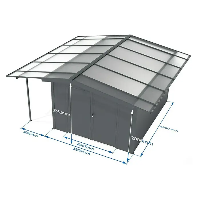Wismar-NFI Gerätehaus Marguerite 34 - Außenmaß inkl. Dachüberstand (B x T): 505 x 485 cm, Stahl, Anthrazit/Weiß - Abbildung eines Metallgerätehauses mit den Maßen 2360mm Höhe und 2000mm Breite, ideal für die Aufbewahrung von Gartengeräten und -möbeln.