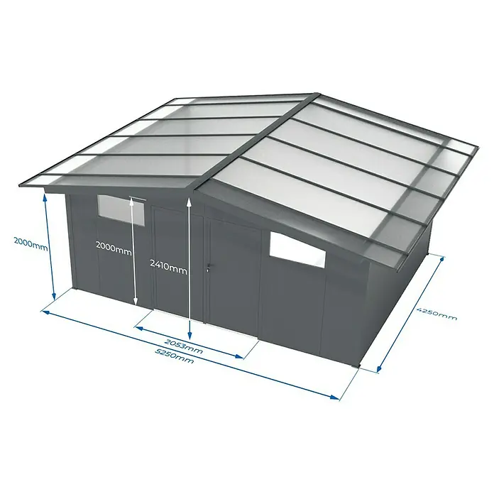 Wismar-NFI Gerätehaus Pisselint 54 - Außenmaß inkl. Dachüberstand (B x T): 585 x 485 cm, Stahl, Anthrazit/Weiß - Abbildung eines modernen Geräteschuppens mit Flachdach und Maßangaben für Höhe und Fensterposition, ideal zur Gartenaufbewahrung.