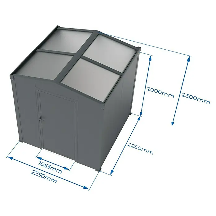 Wismar-NFI Gerätehaus Aster 1V - Außenmaß inkl. Dachüberstand (B x T): 225 x 225 cm, Stahl, Anthrazit/Weiß, Einzeltür - Abbildung eines grauen Metallgartenschuppens mit transparentem Dach. Ideal für die Aufbewahrung im Freien, robust und wetterfest.