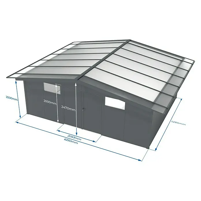 Wismar-NFI Gerätehaus Pisselint 65 - Außenmaß inkl. Dachüberstand (B x T): 685 x 585 cm, Stahl, Anthrazit/Weiß - Abbildung eines modernen Gartenhauses mit schrägem Dach, Fenster und Tür, illustriert mit den Maßen 2000 mm und 2470 mm.