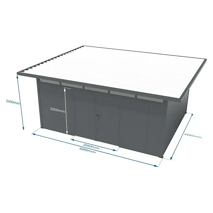 Wismar-NFI Gerätehaus Trefle 54 - Außenmaß inkl. Dachüberstand (B x T): 625 x 525 cm, Stahl, Anthrazit/Weiß - Darstellung eines modernen Gerätehauses in Grau mit Doppeltür und Flachdach. Ideal zur Aufbewahrung von Gartengeräten und Werkzeugen.