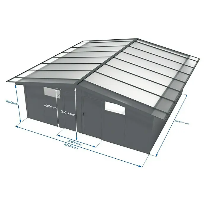Wismar-NFI Gerätehaus Pisselint 66 - Außenmaß inkl. Dachüberstand (B x T): 685 x 685 cm, Stahl, Anthrazit/Weiß - Ansicht eines Gartenhauses mit den Maßen 2000mm und 2470mm, das eine moderne und funktionale Struktur für den Außenbereich bietet.