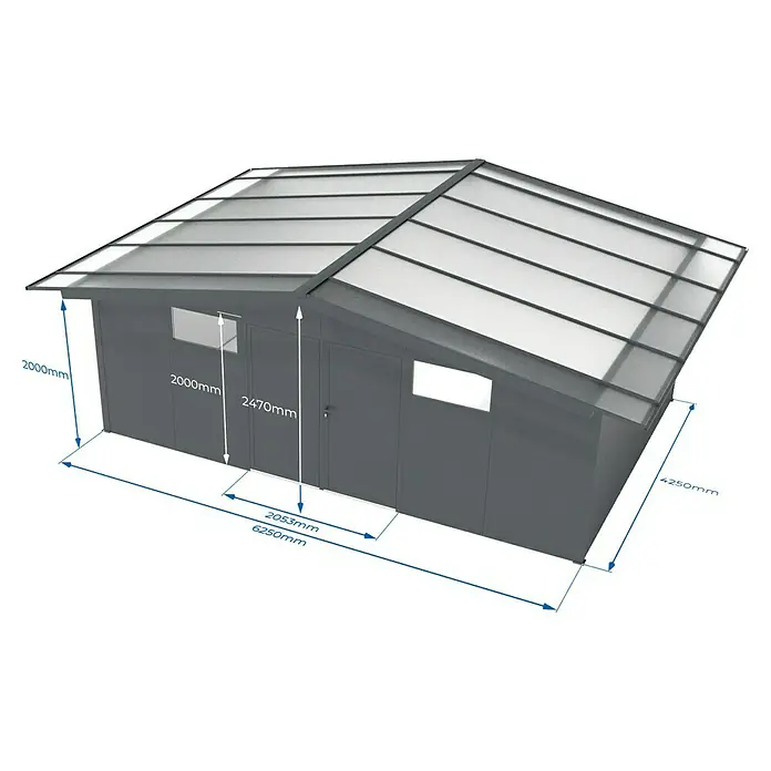 Wismar-NFI Gerätehaus Pisselint 64 - Außenmaß inkl. Dachüberstand (B x T): 685 x 485 cm, Stahl, Anthrazit/Weiß - Abbildung eines Gartenhauses mit den Massen 2000 mm Höhe und 2470 mm Breite, das eine elegante und praktische Lösung bietet.