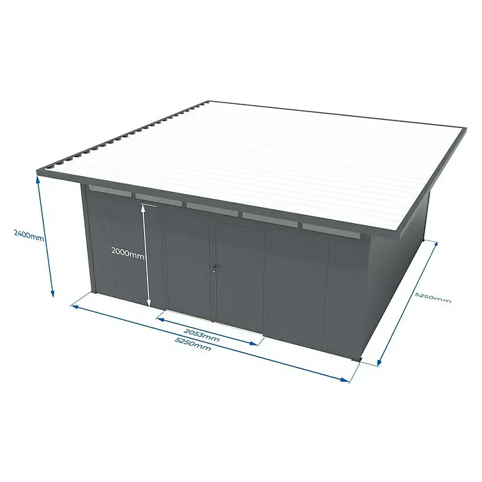 Wismar-NFI Gerätehaus Trefle 55 - Außenmaß inkl. Dachüberstand (B x T): 625 x 625 cm, Stahl, Anthrazit/Weiß - Illustration eines modernen Gerätehauses mit Flachdach, das eine praktische Aufbewahrungslösung bietet.