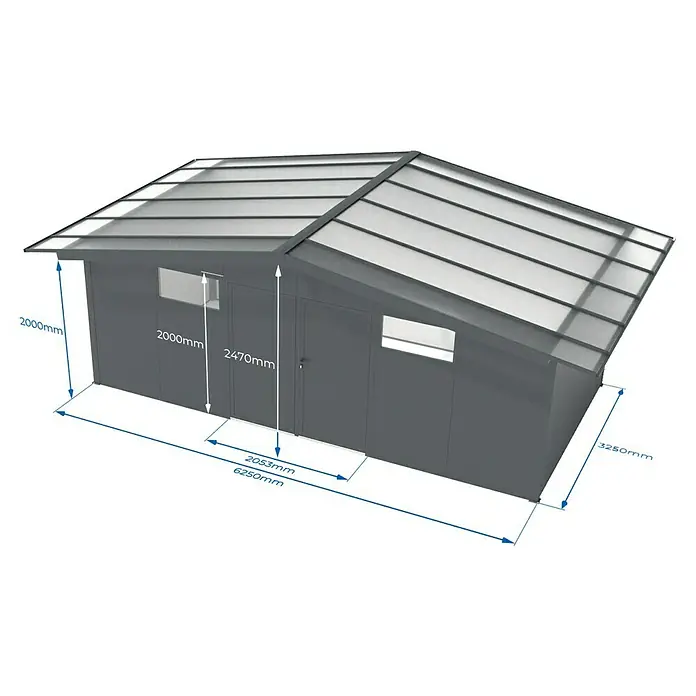 Wismar-NFI Gerätehaus Pisselint 63 - Außenmaß inkl. Dachüberstand (B x T): 685 x 385 cm, Stahl, Anthrazit/Weiß - Ansicht eines modernen Gerätehauses mit den Maßen 2000mm und 2470mm, ideal für die Gartenaufbewahrung und Werkzeuglagerung.