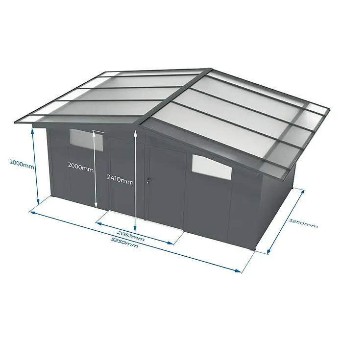 Wismar-NFI Gerätehaus Pisselint 53 - Außenmaß inkl. Dachüberstand (B x T): 585 x 385 cm, Stahl, Anthrazit/Weiß - Darstellung eines grauen Gerätehauses mit den Maßen 2000mm und 2410mm, ideal für die Gartenaufbewahrung und wetterfesten Schutz.