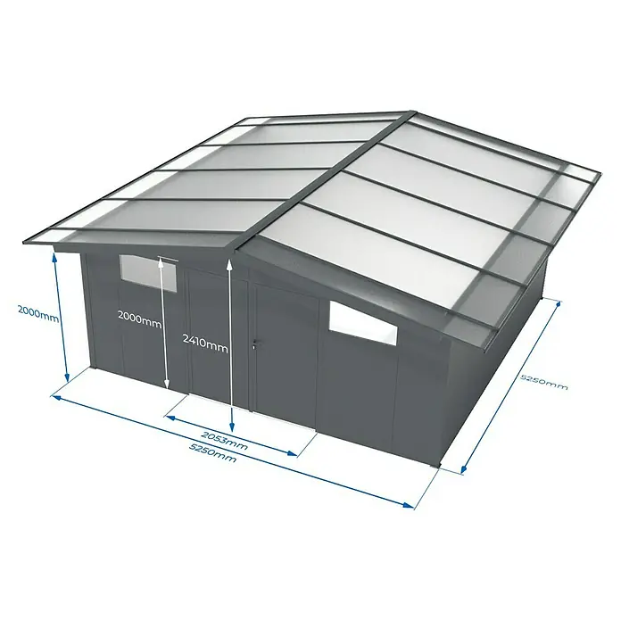 Wismar-NFI Gerätehaus Pisselint 55 - Außenmaß inkl. Dachüberstand (B x T): 585 x 585 cm, Stahl, Anthrazit/Weiß - Bild einer Gerätehaus-Außenansicht mit Maßangaben. Das graue Gartenhaus hat ein durchsichtiges Dach und wirkt modern und praktisch.
