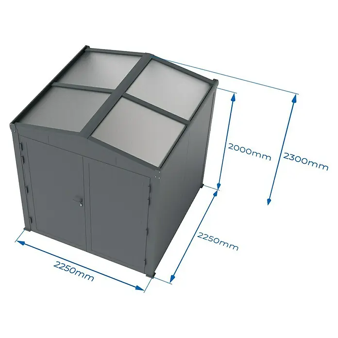 Wismar-NFI Gerätehaus Aster 2V - Außenmaß inkl. Dachüberstand (B x T): 225 x 225 cm, Stahl, Anthrazit/Weiß, Doppeltür - Abbildung eines modernen Geräteschuppens in Grau mit schrägem Dach und Doppeltür, ideal für die Aufbewahrung im Freien.