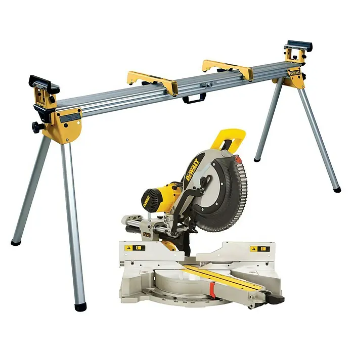 DeWalt Paneelsägen-Set DWS780KIT - 1.675 W, 0 U/min - 3.800 U/min, Durchmesser Sägeblatt: 305 mm - Bild einer DEWALT Kapp- und Gehrungssäge mit Ständer, ideal für präzise Holzschnitte.