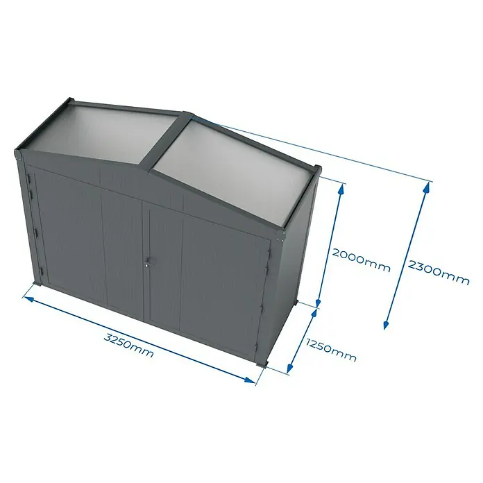 Wismar-NFI Gerätehaus Aster 2V - Außenmaß inkl. Dachüberstand (B x T): 325 x 125 cm, Stahl, Anthrazit/Weiß, Doppeltür - Ein grauer Geräteschuppen mit schrägen transparenten Oberlichtern, ideal zur Aufbewahrung von Gartengeräten und Werkzeugen.