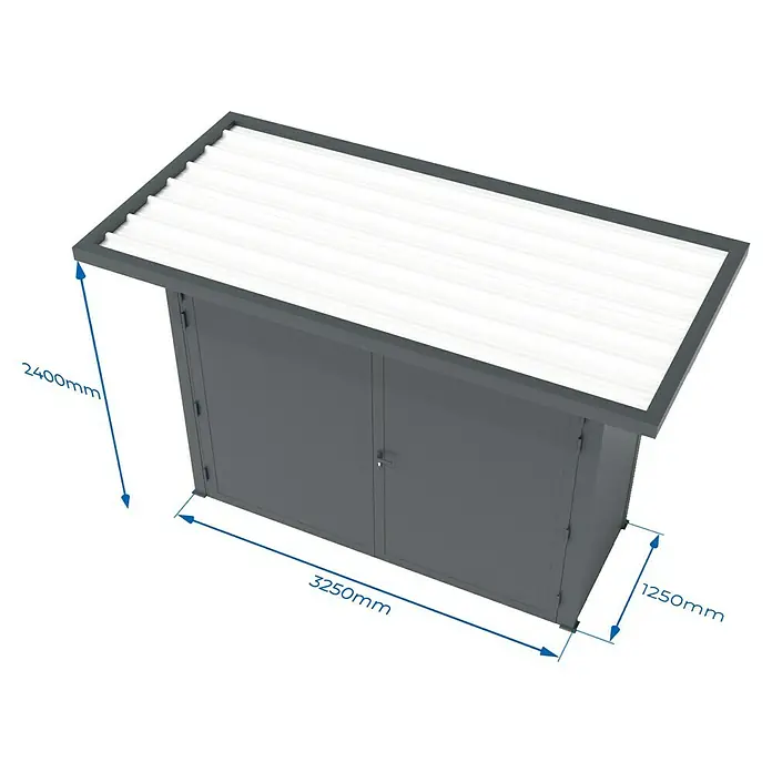 Wismar-NFI Gerätehaus Iris 31-2V - Außenbreite inkl. Dachüberstand: 425 cm, Außentiefe inkl. Dachüberstand: 225 cm, Stahl, Anthrazit/Weiß - Ein wetterfestes Gerätehaus mit Doppeltür und schrägem Dach bietet viel Stauraum für Gartengeräte und Werkzeuge.