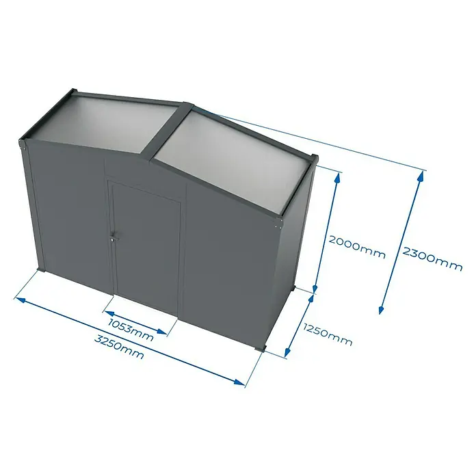 Wismar-NFI Gerätehaus Aster 1V - Außenmaß inkl. Dachüberstand (B x T): 325 x 125 cm, Stahl, Anthrazit/Weiß, Einzeltür - Eine graue Außenbox mit Tür und geneigtem Dach für Lagerzwecke im Freien.