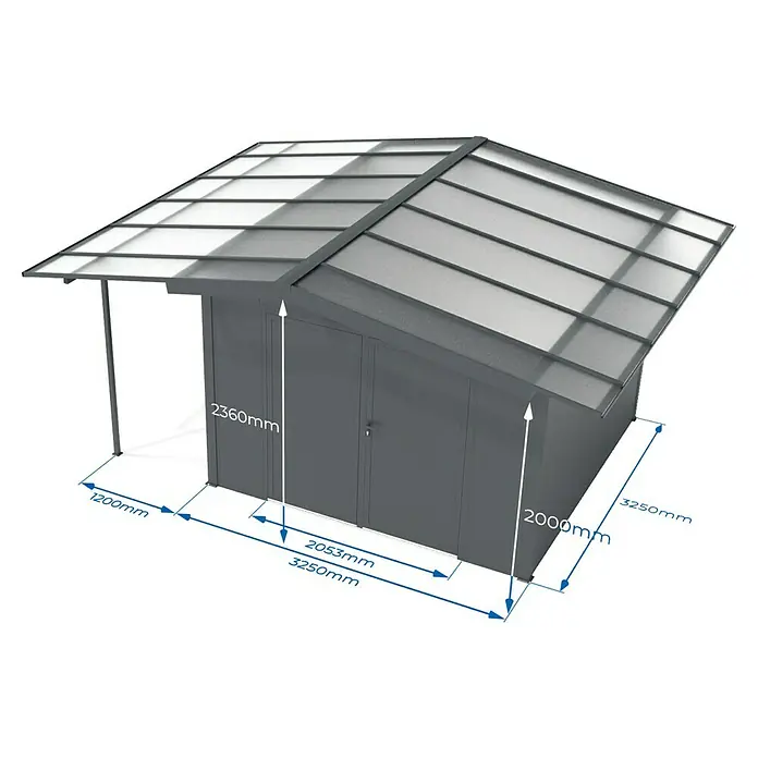 Wismar-NFI Gerätehaus Marguerite 33 - Außenmaß inkl. Dachüberstand (B x T): 505 x 385 cm, Stahl, Anthrazit/Weiß - Abbildung eines Geräteschuppens mit den Maßen 2360 mm Höhe und 2000 mm Tiefe, ideal zur Aufbewahrung von Gartengeräten und Werkzeugen.