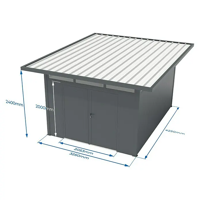 Wismar-NFI Gerätehaus Trefle 34 - Außenmaß inkl. Dachüberstand (B x T): 425 x 525 cm, Stahl, Anthrazit/Weiß - Abbildung eines modernen Metall-Gartengerätehauses. Ideal für die Aufbewahrung von Gartengeräten und Werkzeugen im Außenbereich.