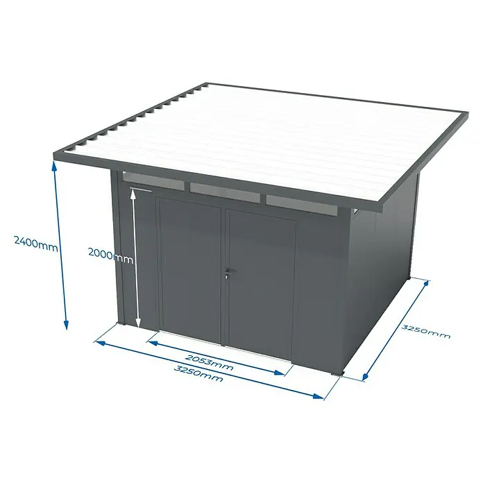 Wismar-NFI Gerätehaus Trefle 33 - Außenmaß inkl. Dachüberstand (B x T): 425 x 425 cm, Stahl, Anthrazit/Weiß - Abbildung eines modernen Geräteschuppens mit Flachdach, ideal für die Aufbewahrung von Gartengeräten und Werkzeugen.
