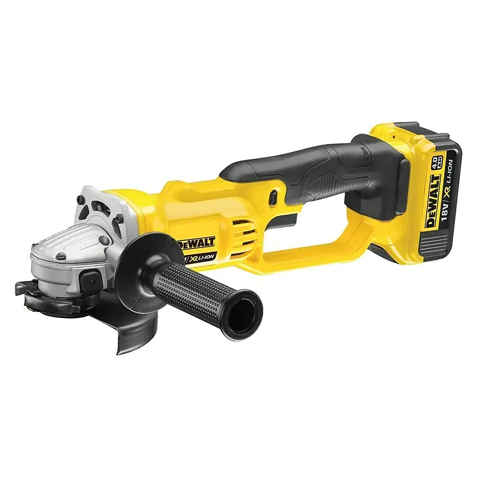 DeWalt XR 18V Akku-Winkelschleifer DCG412M2 - 2 Akkus, 4 Ah, Durchmesser Scheibe: 125 mm - Akkubetriebener Winkelschleifer von DeWalt mit gelbem Gehäuse und schwarzem Handgriff, ideal für Schleifarbeiten.