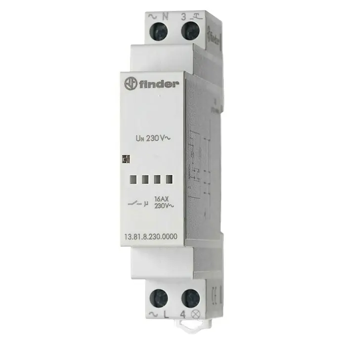 Finder Stromstoßschalter Serie 13 - Weiß - Finder Zeitrelais Typ 13.81.8.230.0000 für DIN-Schienenmontage mit 230V Versorgungsspannung und 16AX Schaltleistung.
