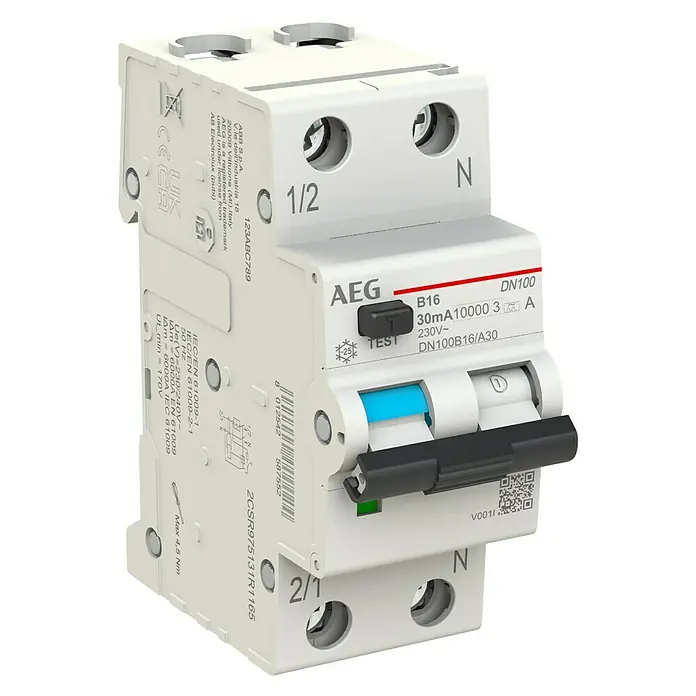 AEG FI/LS-Schalter DN100B16/A30 -  - Ein AEG DN100 B16 Fehlerstrom-Schutzschalter, der vor gefährlichen Stromschlägen und elektrischen Gerätefehlern schützt, für erhöhte Sicherheit.