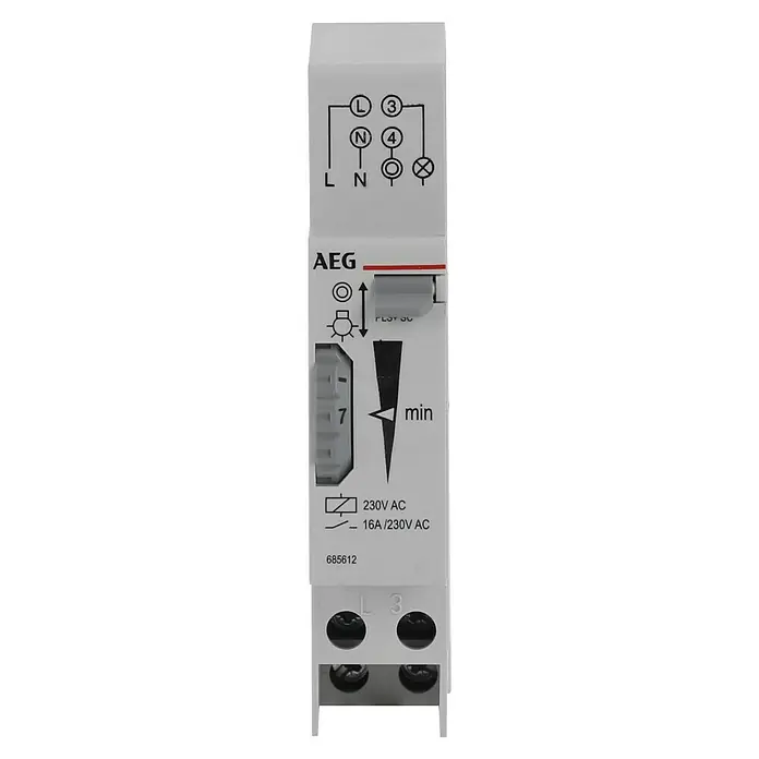 AEG Treppenlichtzeitschalter ElfaPlus PLS+ SC - 230 V - Nahaufnahme eines AEG-Zeitschalters mit Diagrammen, Logos und technischen Daten für präzise Zeitsteuerung und sicheren Betrieb.