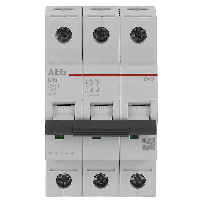 AEG Sicherungsautomat Elfa Plus EN63C16 - Polanzahl: 3 Stk. - Eine dreipolige AEG EN63 C16 Sicherung mit einem Nennstrom von 16 Ampere, geeignet für 400V-Systeme und mit einer Kurzschlussfestigkeit von 6000A.
