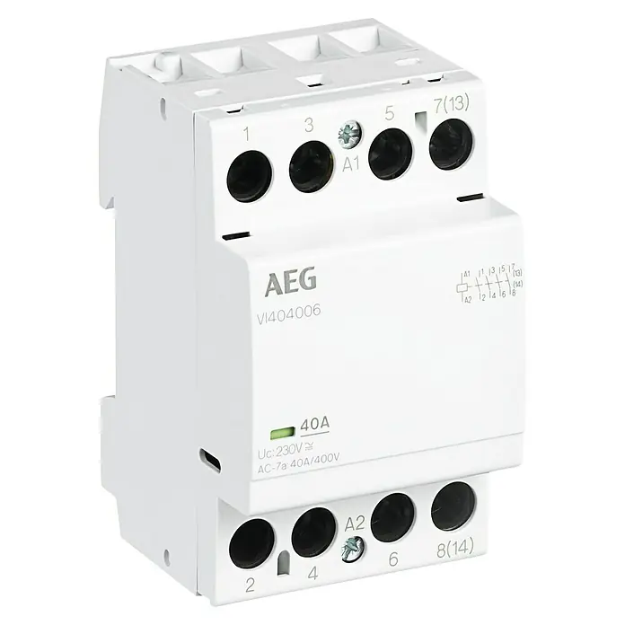 AEG Sicherungsautomat VI404006 - Weiß - Nahaufnahme eines AEG VI404006 Schalters, ein weißes Gerät mit mehreren Anschlüssen und einer grünen Betriebsanzeige.