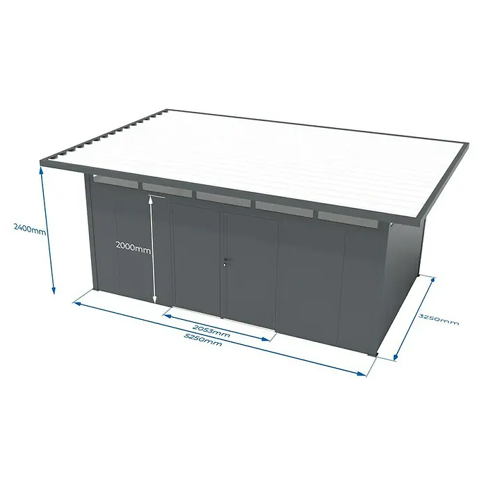 Wismar-NFI Gerätehaus Trefle 53 - Außenmaß inkl. Dachüberstand (B x T): 625 x 425 cm, Stahl, Anthrazit/Weiß - Eine Abbildung eines grauen Geräteschuppens mit weißem Dach und den Maßen 2000 mm Höhe, das eine praktische Lösung für die Lagerung bietet.
