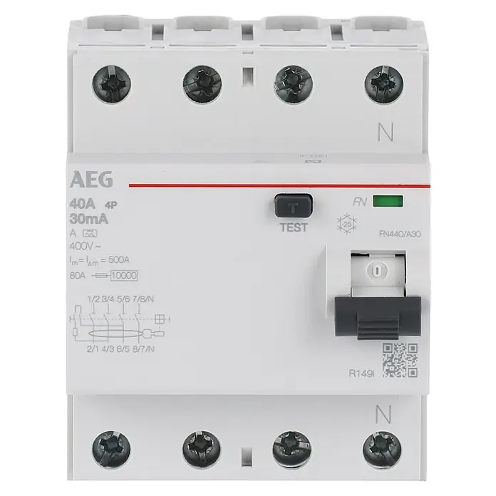 AEG Sicherungsautomat ElfaPlus FN440/A30 - Weiß - Ein AEG FN440/A30 Fehlerstrom-Schutzschalter (FI-Schalter) mit 40A, 4-polig und 30mA Auslösestrom für zuverlässigen Schutz vor Stromschlägen.