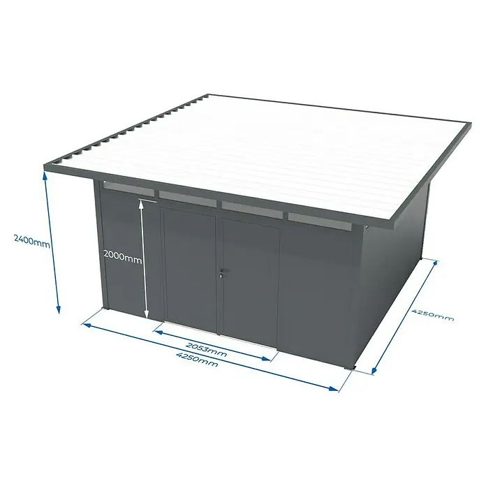 Wismar-NFI Gerätehaus Trefle 44 - Außenmaß inkl. Dachüberstand (B x T): 525 x 525 cm, Stahl, Anthrazit/Weiß - Abbildung eines grauen Metallschuppens mit weißen Dächern, der eine Höhe von 2000 mm aufweist und sich ideal zur Lagerung im Freien eignet.