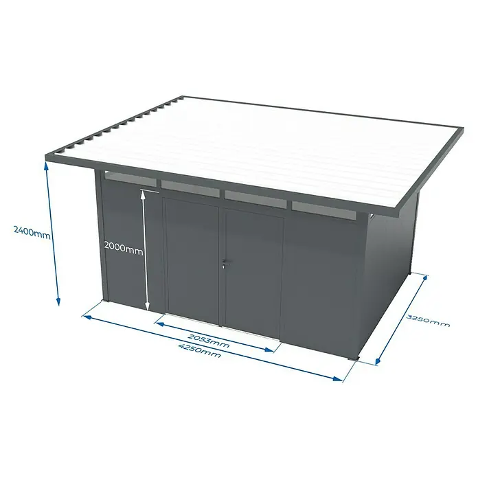 Wismar-NFI Gerätehaus Trefle 43 - Außenmaß inkl. Dachüberstand (B x T): 525 x 425 cm, Stahl, Anthrazit/Weiß - Abbildung eines Geräteschuppens mit den Maßen 2000mm Höhe, 2800mm Breite und 1620mm Tiefe.