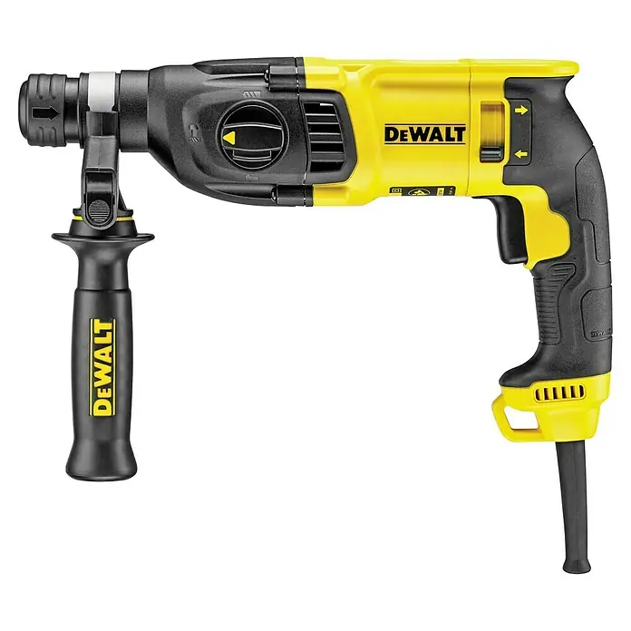 DeWalt Kombihammer D25133K - 800 W, 2,6 J, SDS-Plus-Aufnahme - Abbildung eines gelb-schwarzen DeWalt-Bohrhammers mit Zusatzhandgriff und Tiefenanschlag, ideal für schwere Bohrarbeiten.