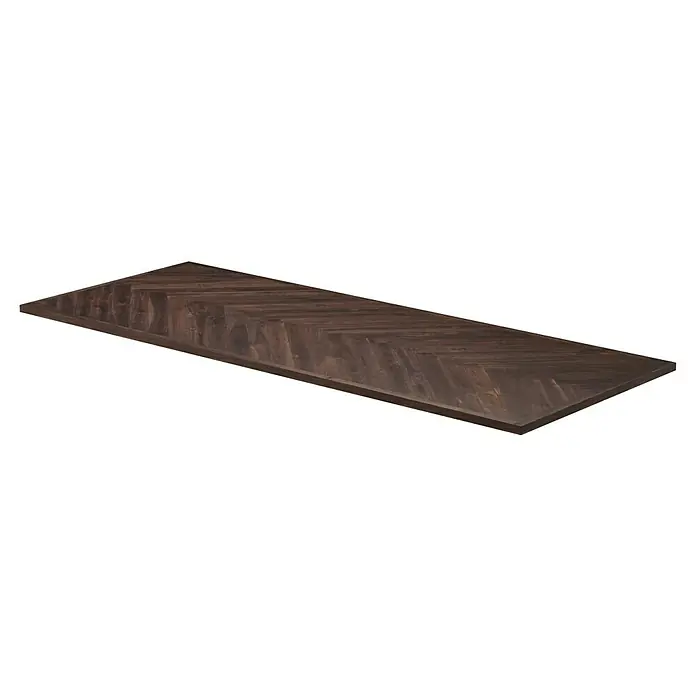 Arbeitsplatte Fischgrät - Akazie, L x B x S: 200 x 80 x 2,6 cm, Dunkelbraun - Detailaufnahme einer eleganten Tischplatte mit edlem Fischgrätmuster aus dunklem Holz, perfekt für stilvolle Esszimmer und Wohnbereiche.