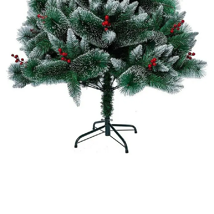 Árbol de Navidad artificial Montana - Altura: 150 cm, Verde - Árbol de Navidad artificial con ramas verdes, nieve y frutos rojos, sobre un soporte metálico negro.