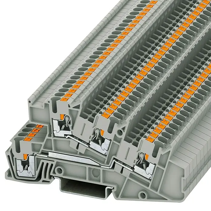 Phoenix Contact Installationsetagenklemme PTI | L, L 3213953 - Grau - Detailaufnahme einer Reihenklemme mit orangefarbenen Elementen, die eine sichere und effiziente elektrische Verbindung ermöglicht.
