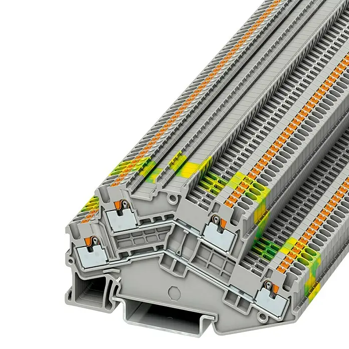 Phoenix Contact Doppelstockklemme PTTBS 1,5/S 3214657 - Grau - Dreireihige Reihenklemmen mit verschiedenen Farben und Metallkomponenten, die elektrische Verbindungen ermöglichen.