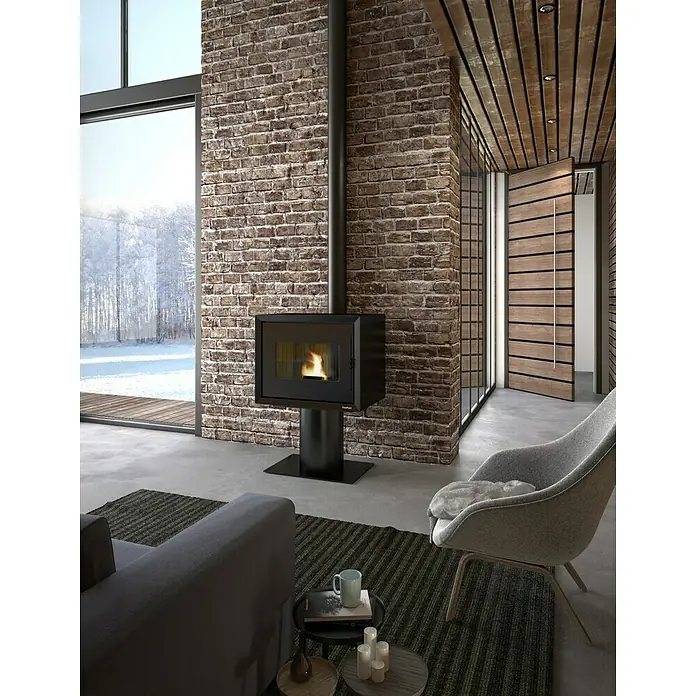 FreePoint Pelletofen Modo Airtight + Stand - 9,36 kW, Raumheizvermögen: 225 m³, 0,59 kg/h - 2,18 kg/h, Schwarz - Ein moderner Kaminofen mit schlankem, schwarzem Design, der Wärme und Stil in ein zeitgenössisches Wohnzimmer bringt.