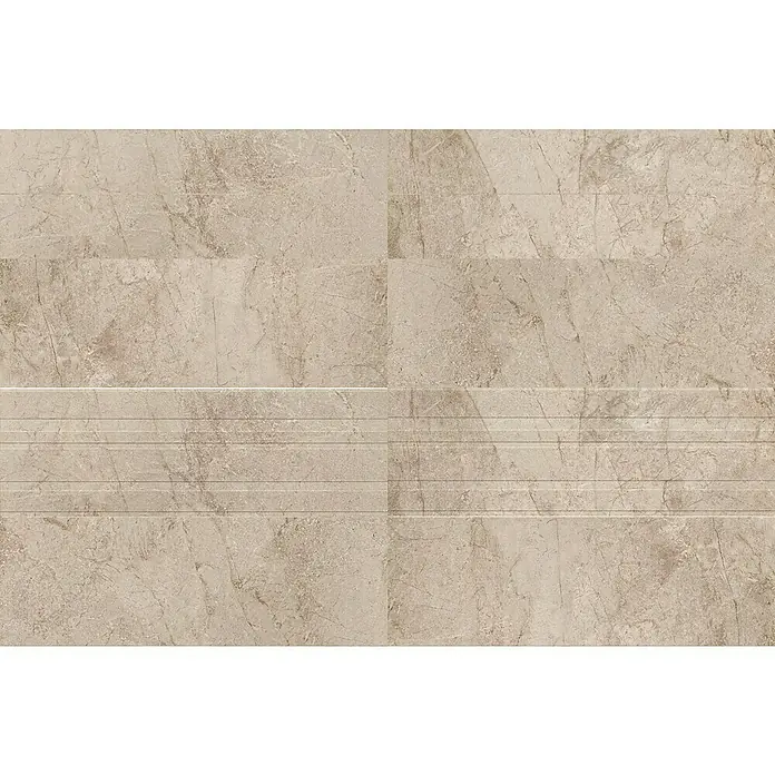 Wandfliese Lorena - 40 x 120 cm, Bone, Matt - Beige Fliesen mit Marmoroptik und feinen, horizontalen Rillen für ein elegantes und modernes Wand- oder Bodendesign.