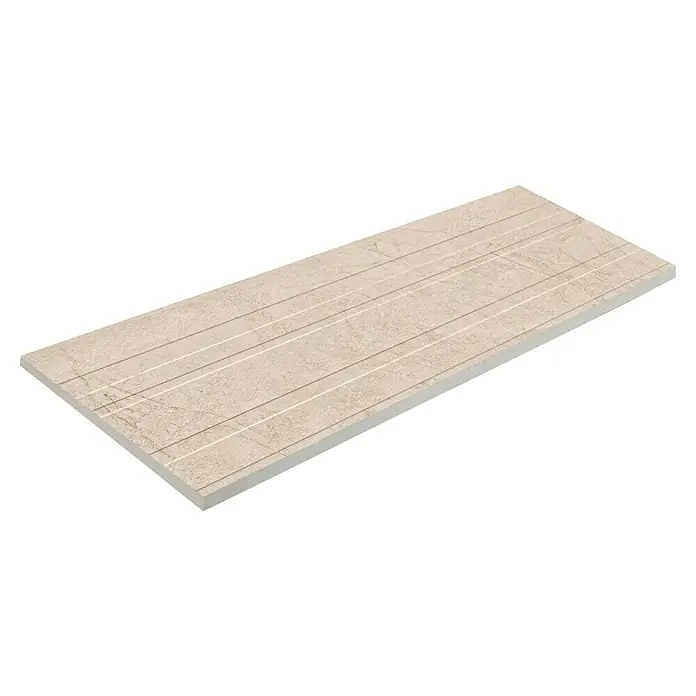 Wandfliese Lorena - 40 x 120 cm, Bone, Matt - Eine einzelne rechteckige, beige Bodenfliese mit feinen Linien, leicht erhöht dargestellt und mit einem subtilen Schatten versehen.