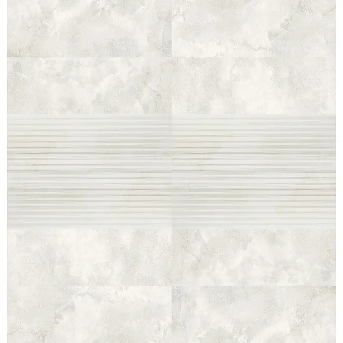 Wandfliese Gabana Dekor - 30 x 90 cm, Perlgrau, Matt - Beige Wandfliese mit horizontal geriffelter Textur in der Mitte, umgeben von sanften Marmorierungen. Elegantes Design für stilvolle Innenräume.