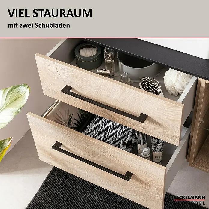 Fackelmann Oxford Waschtischunterschrank - Nature Oak Holzoptik, B x T x H: 600 x 488 x 509 mm - Badezimmerschrank mit zwei Schubladen bietet viel Stauraum für Badutensilien und Accessoires.
